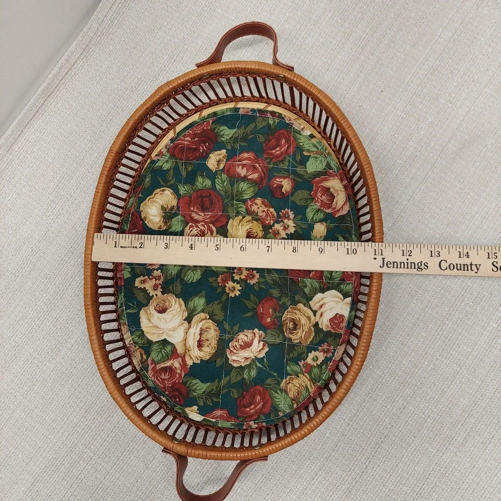 Vintage Oval Wicker Serving Tray Floral Quilted Liner Wood Base 16